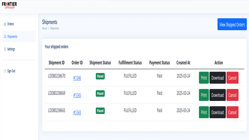 Shipments Screen
