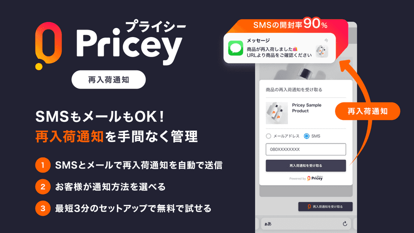 プライシー再入荷通知は、SMSやメールなどで再入荷通知を自動送信できる日本製アプリ