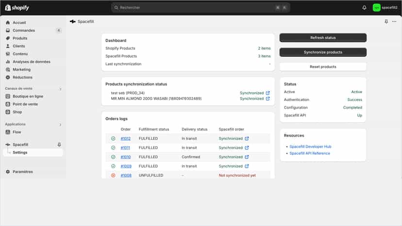 Dashboard de synchronisation des articles et des commandes