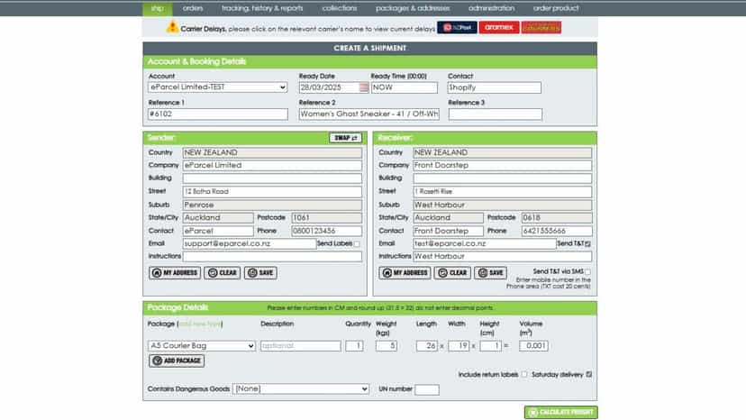 Quick order booking system provides selection of carriers