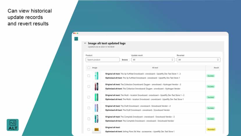 Can view historical alt text update records and revert results