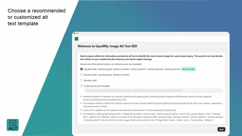 Choose a recommended or customized alt text template
