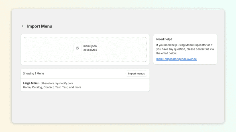 Interface to upload and import menus.