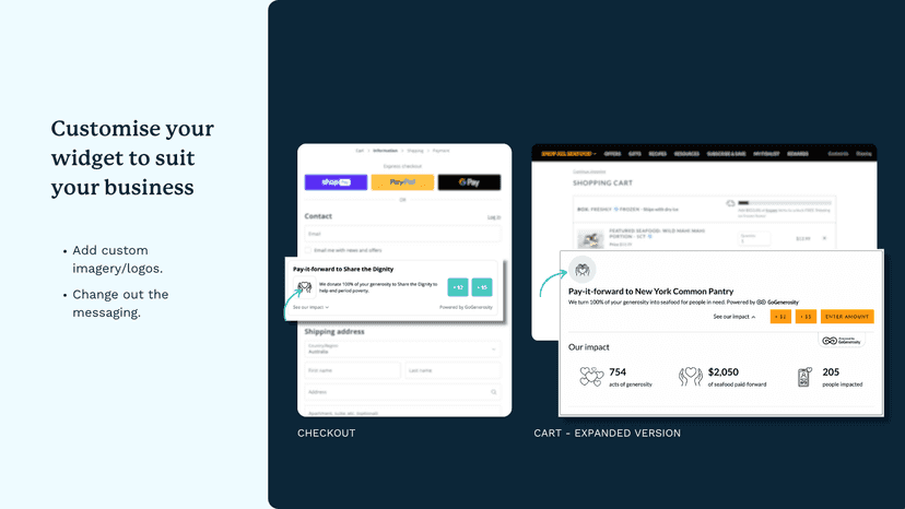 Examples of Pay-it-forward app in the product page and side cart