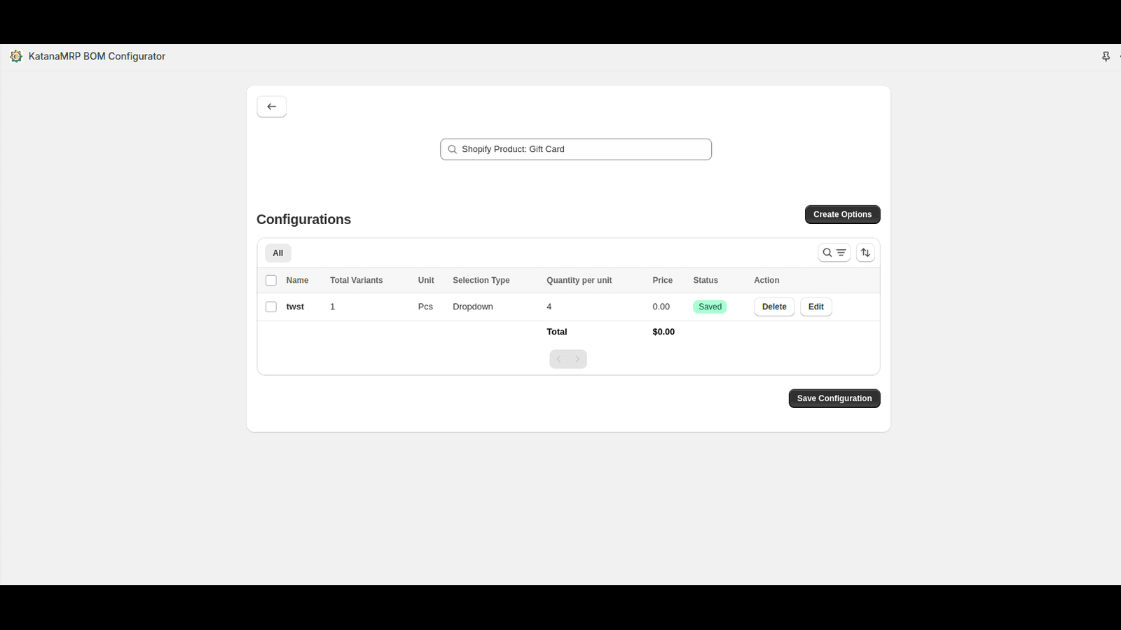 Created Options list