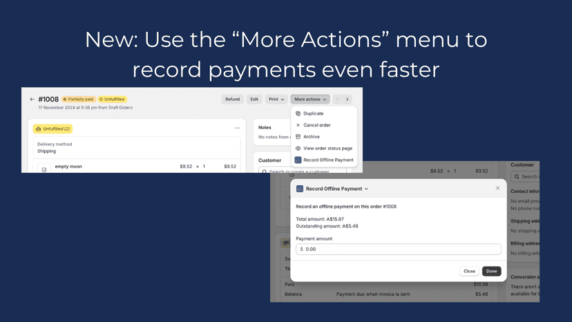 Use "more actions" menu to record payments