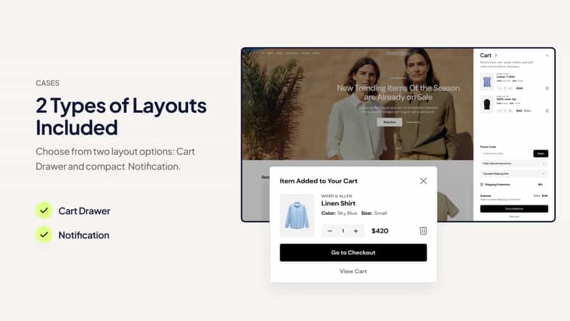 Choose compact Cart Drawer or Notification layout options.