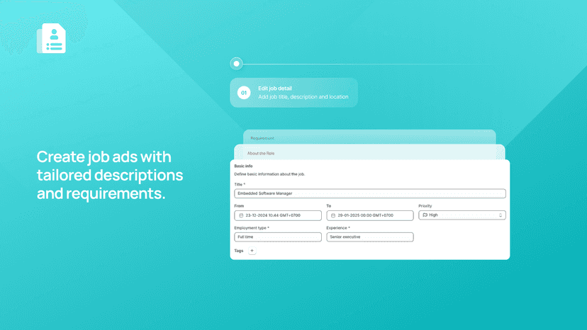 Create job ads with tailored descriptions and requirements.