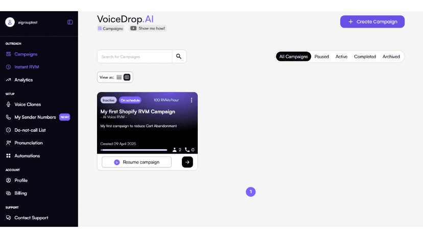 Campaigns list inside the Dashboard
