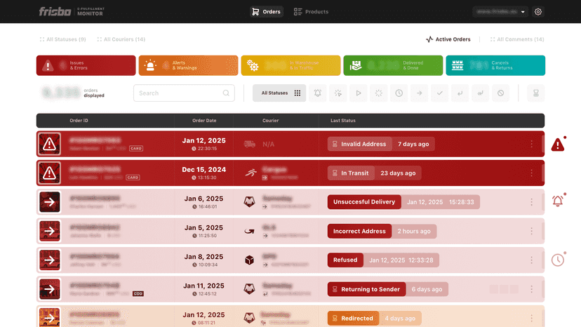 Real-time, color-coded order dashboard highlighting errors.