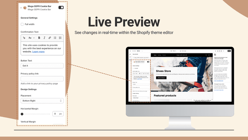 Mega GDPR Cookie Bar - live preview editing in theme editor