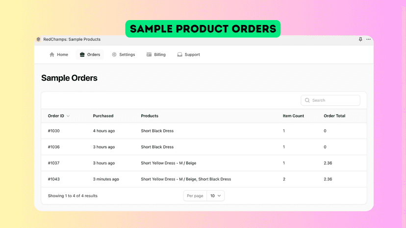 Sample Products Orders List