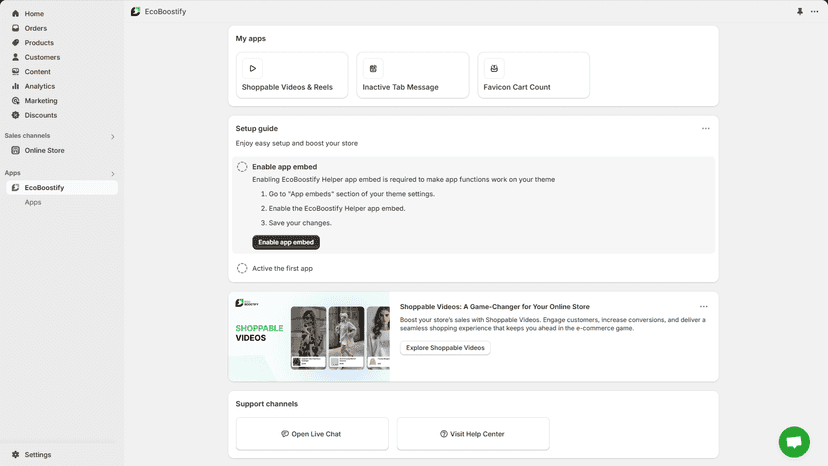 EcoBoostify Shoppable Videos Reels UGC - App Dashboard