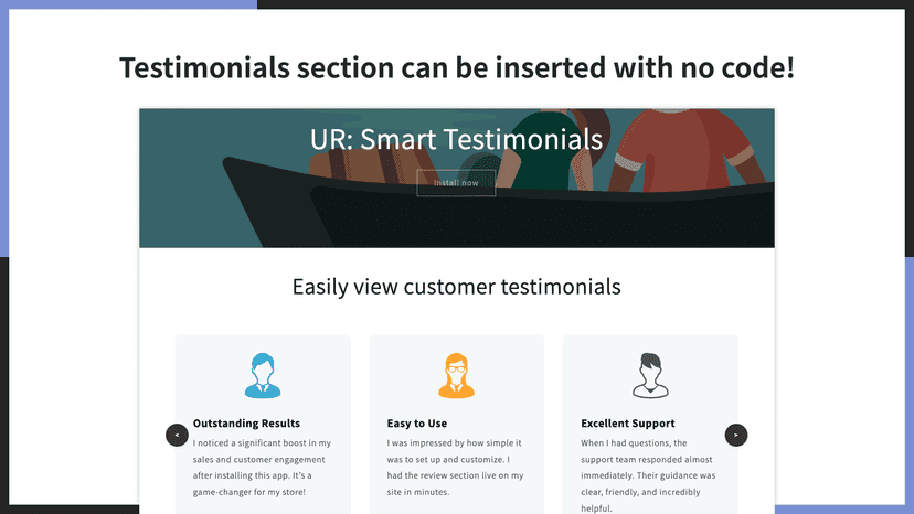 Testimonials section can be inserted with no code!