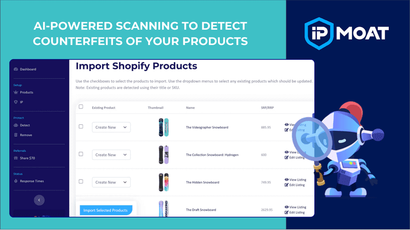 IP Moat product import. select products to protect