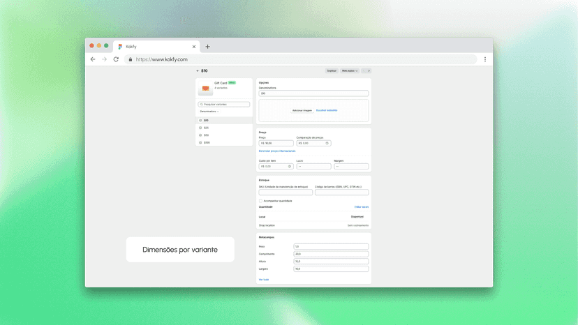 calcular frete dimensões por variante shopify