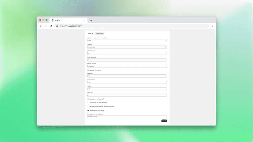 configurações kokfy calculo frete no produto shopify