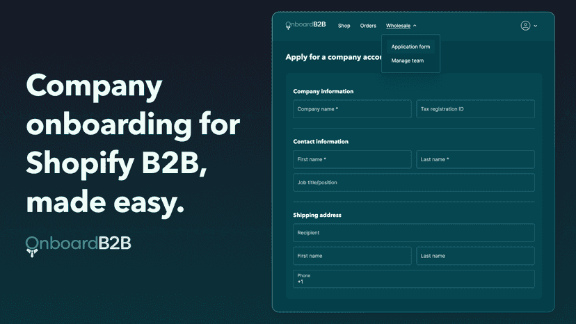 B2B account form with text: Company onboarding for Shopify B2B