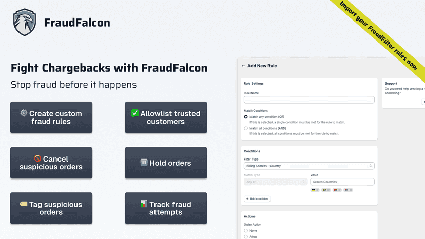 Featured image showing FraudFalcon's main features and rules
