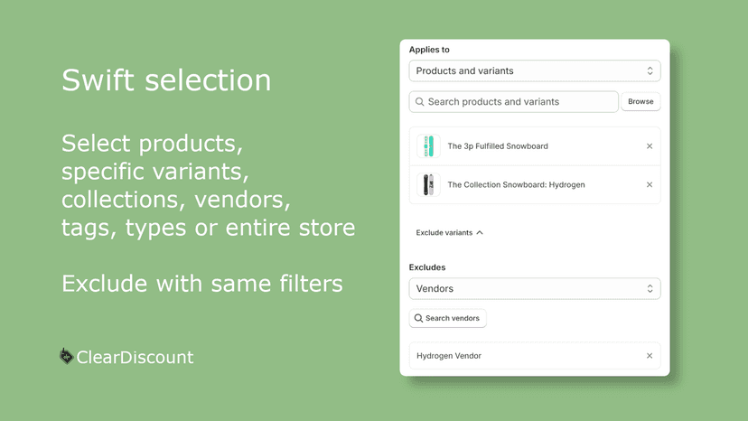 Swiftly select products, variants, collections and more