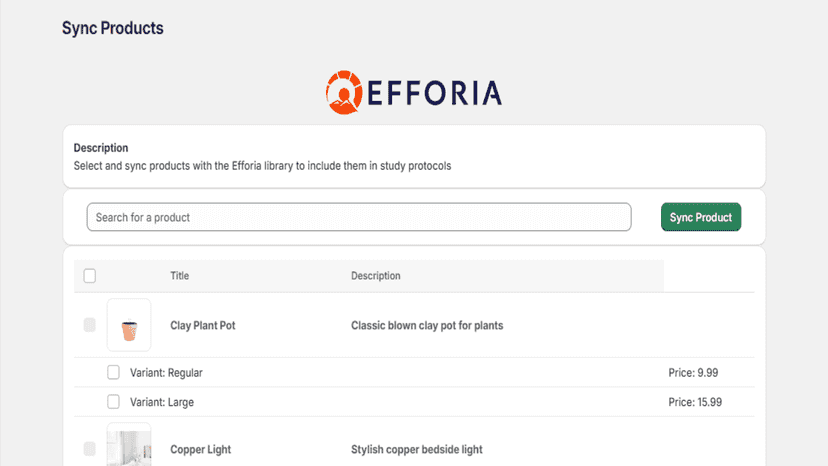 User can select multiple variants and sync them with Efforia