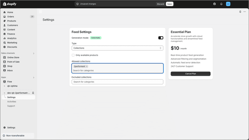 2Performant feed settings