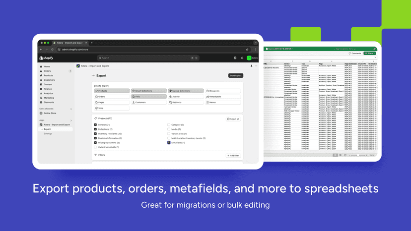 Export products, orders, metafields, and more to spreadsheets