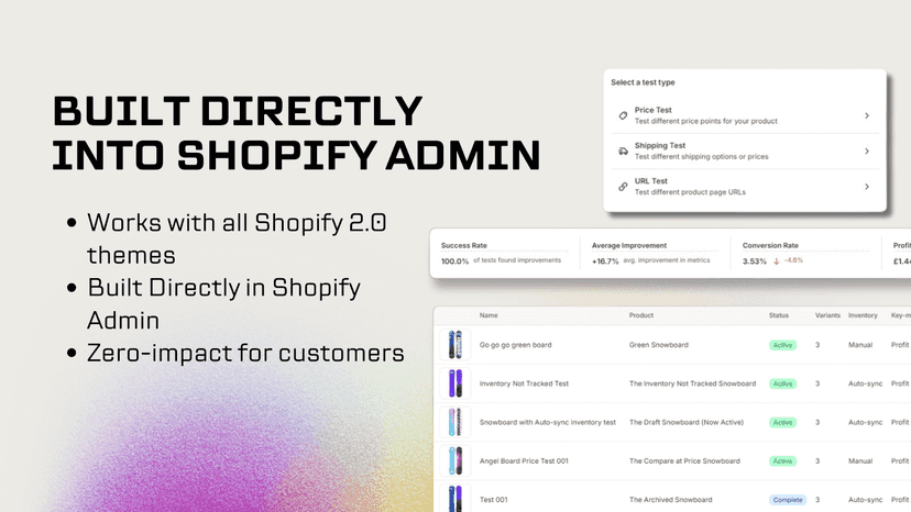 Shopify admin interface showing test types and campaign listings