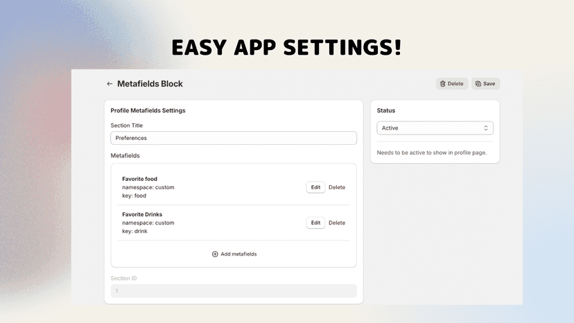 Shopify new customer account profile metafields app settings