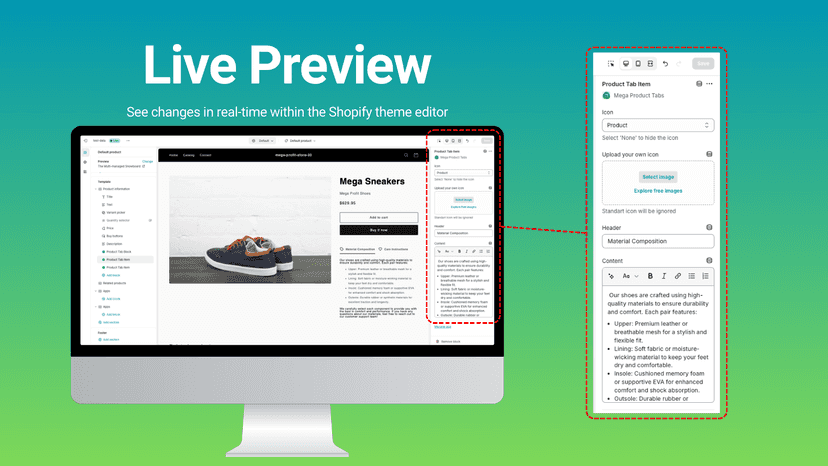 Mega Product Tabs - live preview editing