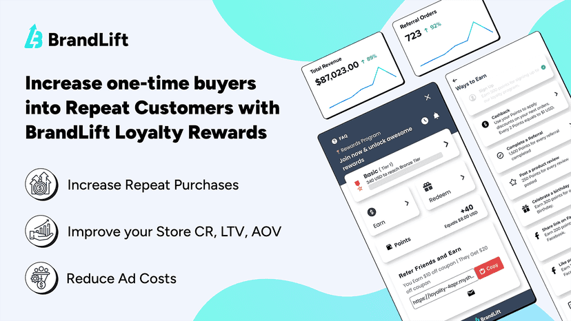 BrandLift loyalty app interface showing features & Store Widget