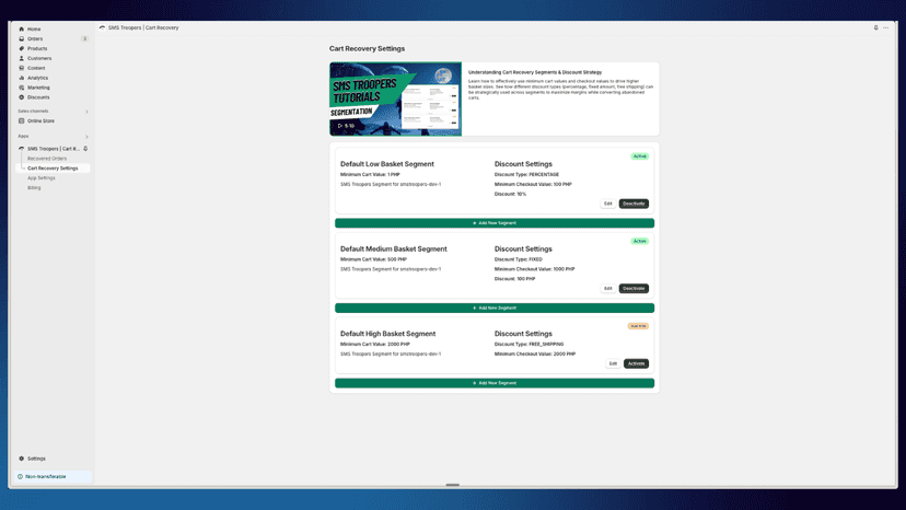 Recovery Settings with Segmentation and Discounting Options