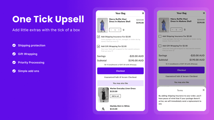 One Tick Upsell. Shipping protection.