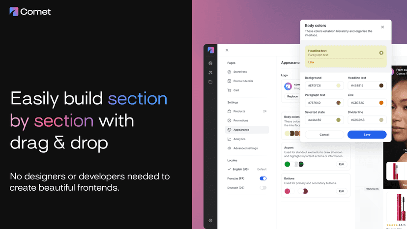 Easily build with sections and drag&drop, no coding skills