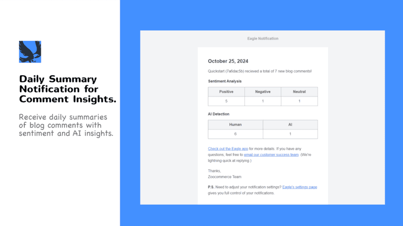 Eagle email with blog comment sentiment and AI summary insights.