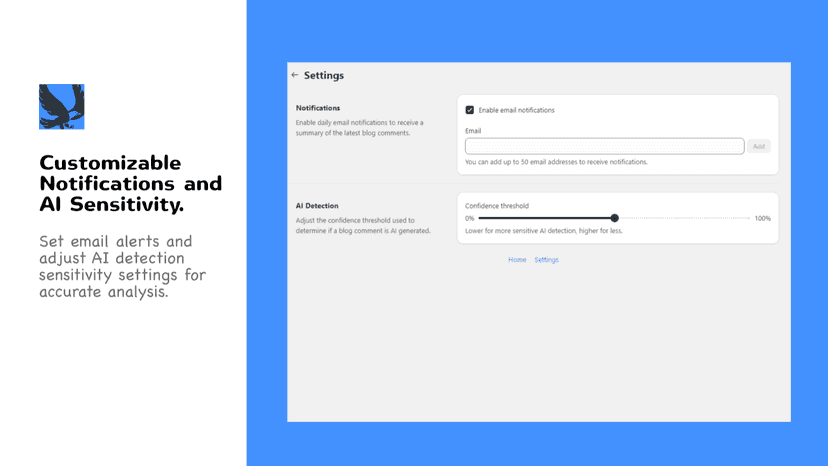 Eagle app settings for notifications and AI detection threshold.