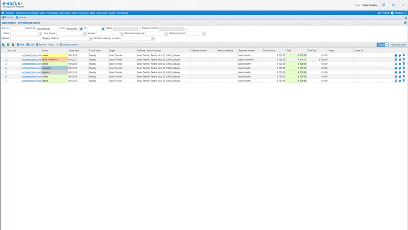 Overview table of synchronized sales orders from e-racuni ERP