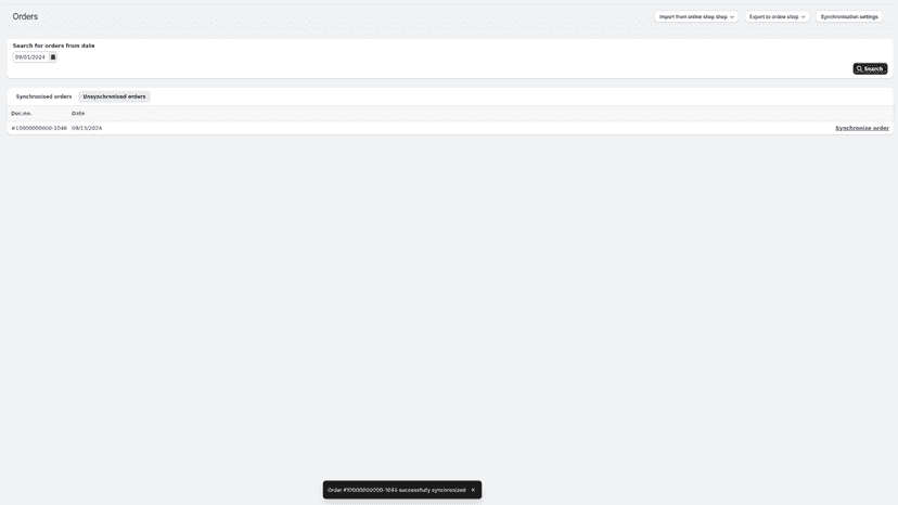 Overview table of unsynchronized orders with option to sync