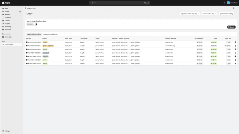 Overview table of synchronized sales orders