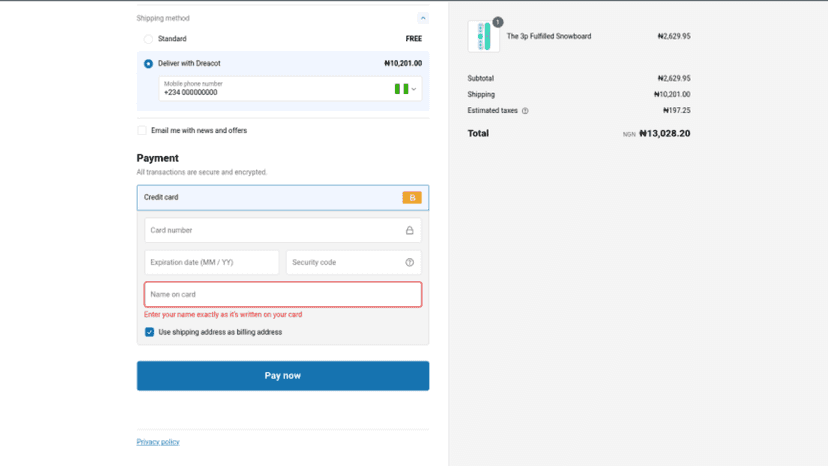 Dreacot Delivery on Checkout page