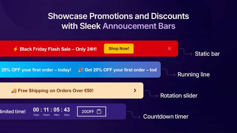 Sales, discounts, and timers with sleek announcement bars