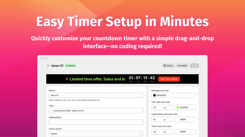Easily set up customizable countdown timers—no coding needed.