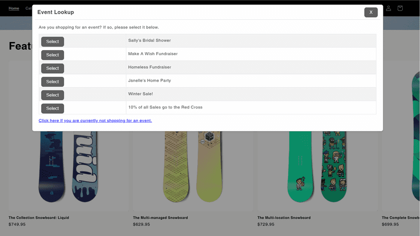 Shoppers can choose from multiple Events to shop for.