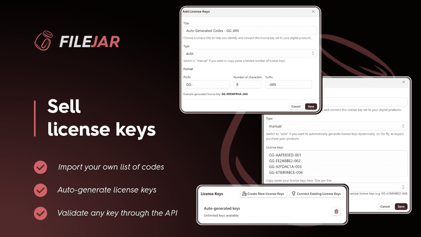 Sell license keys (imported or auto-generated), validate via API