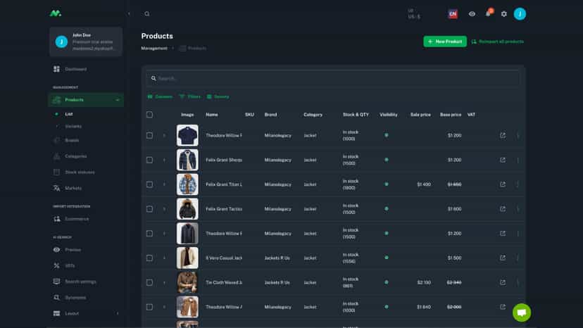 M:AI admin - Imported products