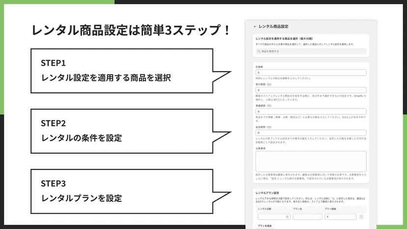 レンタル商品設定は簡単3ステップ!