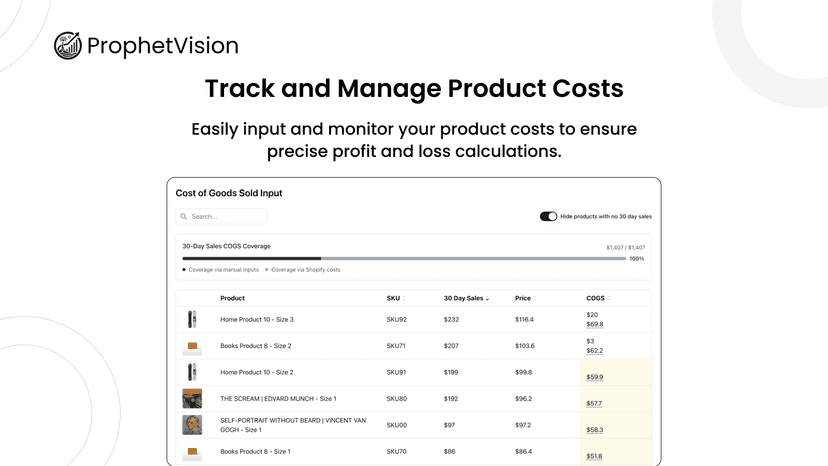 COGS tracker showing product costs, sales, and coverage.