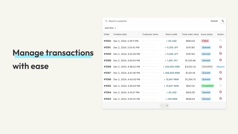 Easily manage cashback transactions and store credits
